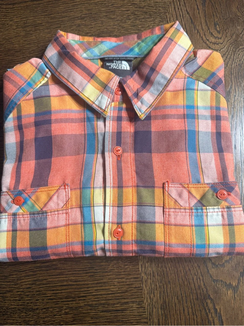 The North Face Men's Plaid Button-Up Shirt in Orange and Blue - size Medium